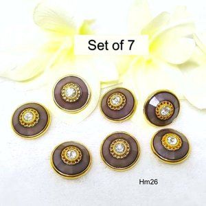 Set of 7 Round Button Grey Gold Clear Faceted Resin Metal-like Gold Base Shank